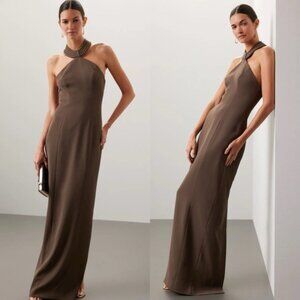 Ronny Kobo Lenox Toffee Brown Halter Crepe Dress Gown Size M